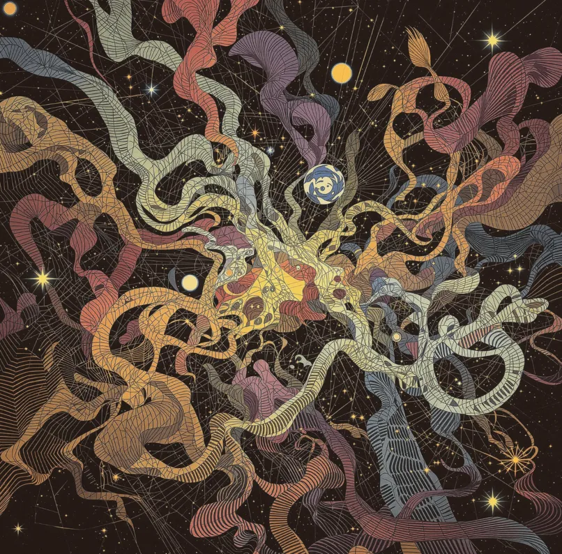 Abstract artwork generated by Genmuse AI representing a genetic algorithm.